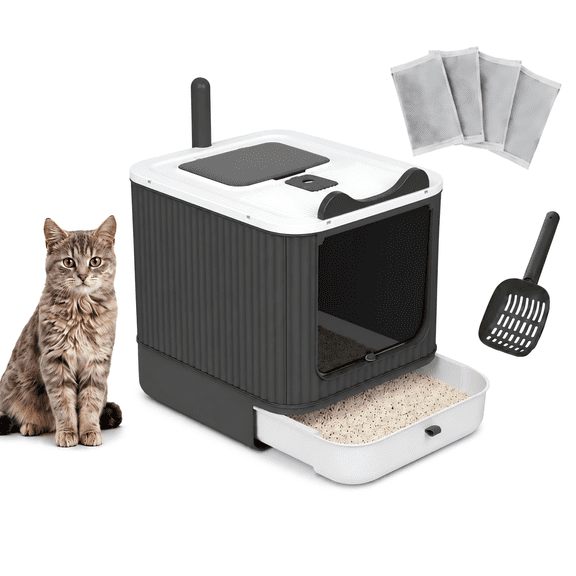 Efoee Cat Litter Box with Lid, Enclosed Cat Box with Scoop and 4 Charcoal Deodorizer Bags,Easy to Clean
