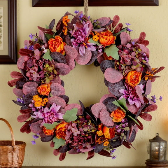 HomeKingdee Fall Artificial Wreaths for Front Door with Orange and Rose Pink Flowers, Berries & Leaves – Autumn Wreath for Porch, Thanksgiving,Harvest & Christmas Decor