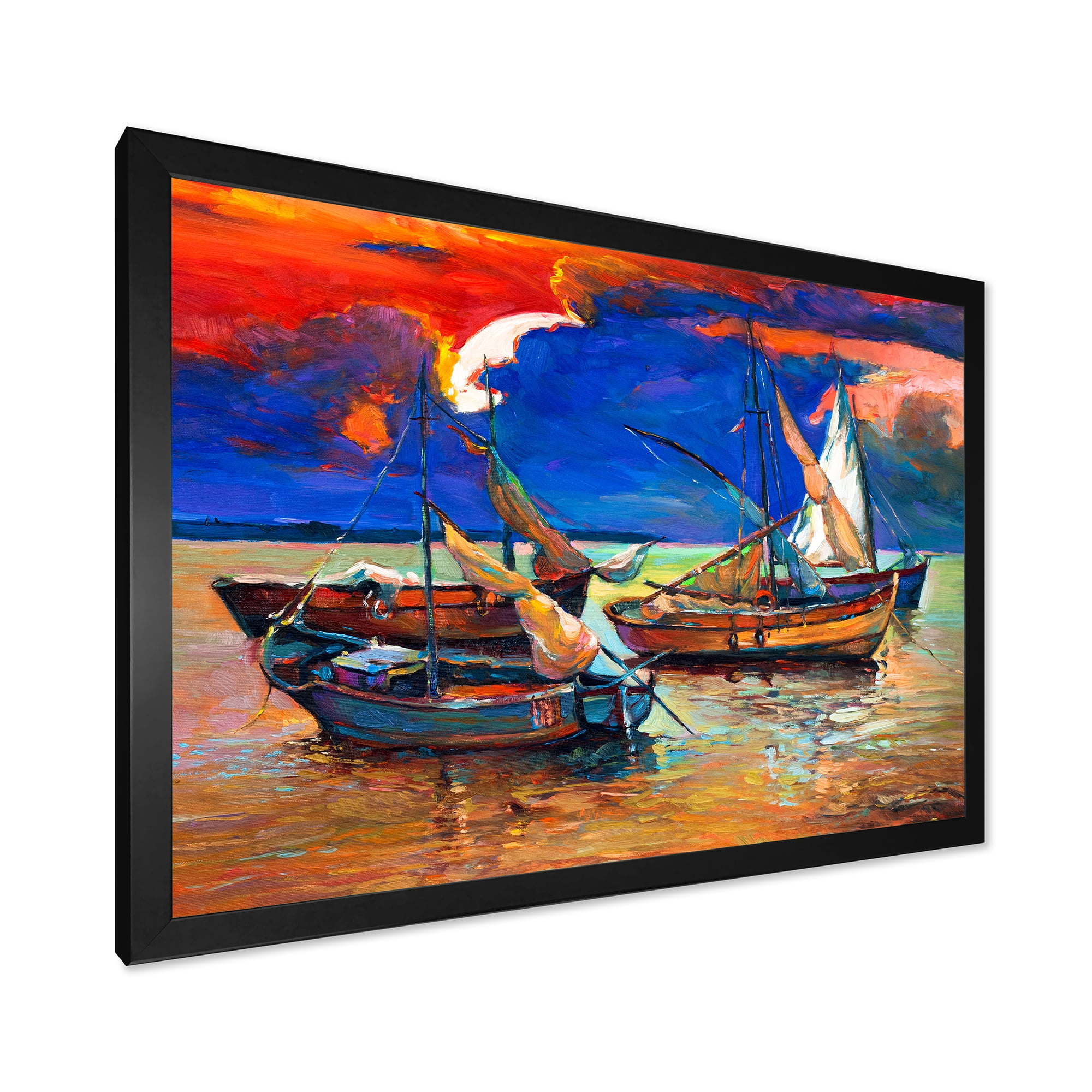 Designart 'Boats On The Water With Dark Blue Sky I' Lake House Framed Art Print