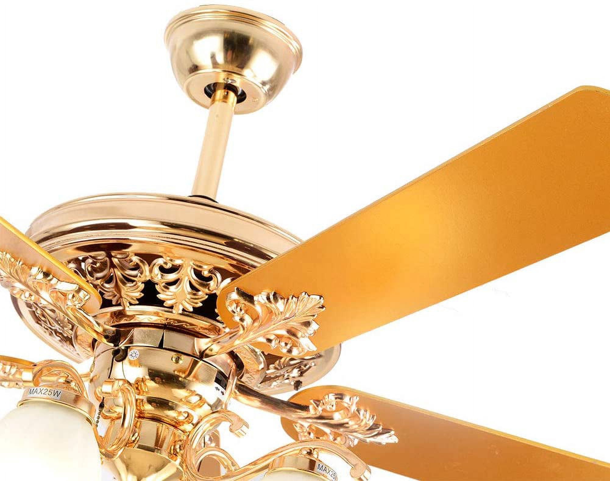 ANQIDI 52" Modern Ceiling Fan Light Gold LED Fan Lamp Chandelier with Remote 5 Wood Reversible Blades 5 Frosted Glass Lampshades