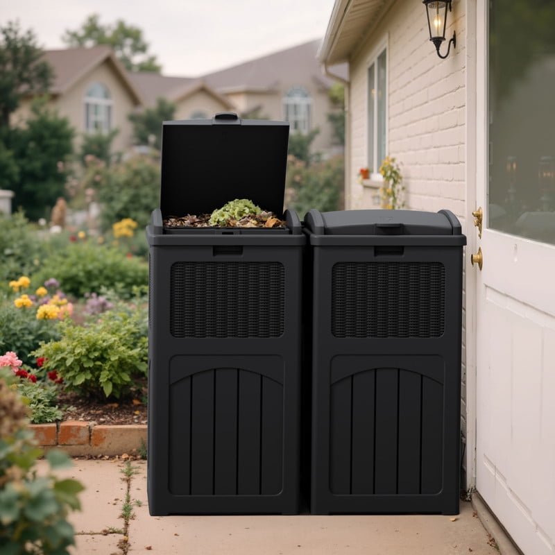 Devoko 2 PCS All-Weather use Trashbin with Lid, Patio Resin Hideaway Trash Can with Waterproof for Backyard
