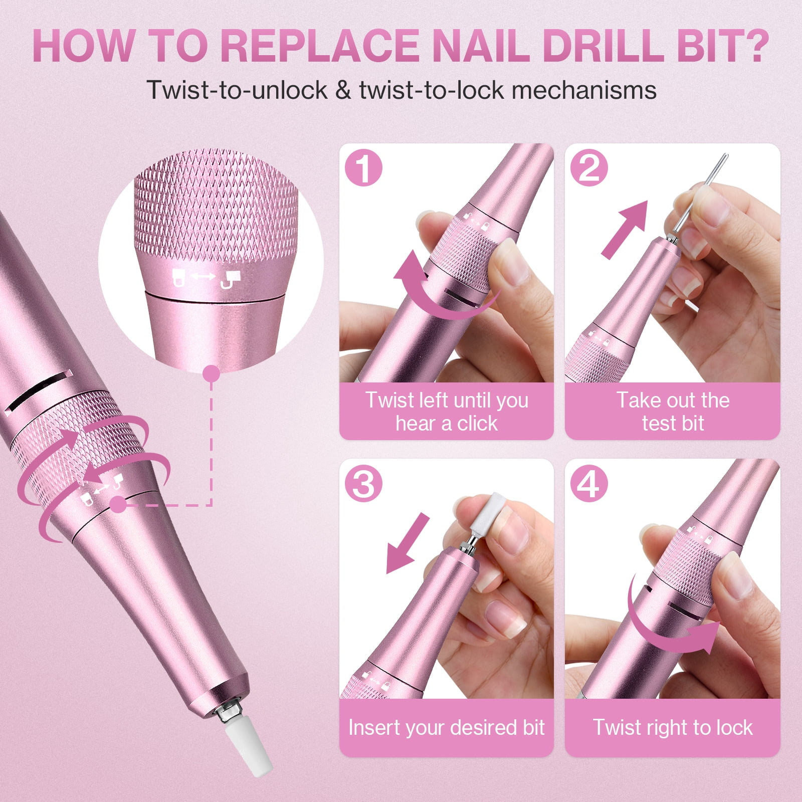 Electric Nail Drill Professional 45000RPM, Smart Touch Display Electric Nail File, Nail Drill Kit for Remover Acrylic & Gel Nails Manicure for Salon Home,Pink