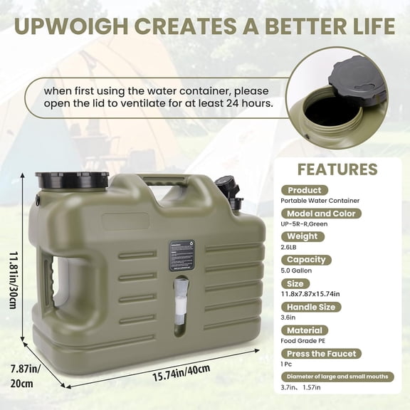 5 Gallon Camping Water Jug with Spigot,   Green Portable Emergency Water  for RV, Hiking & Outdoor