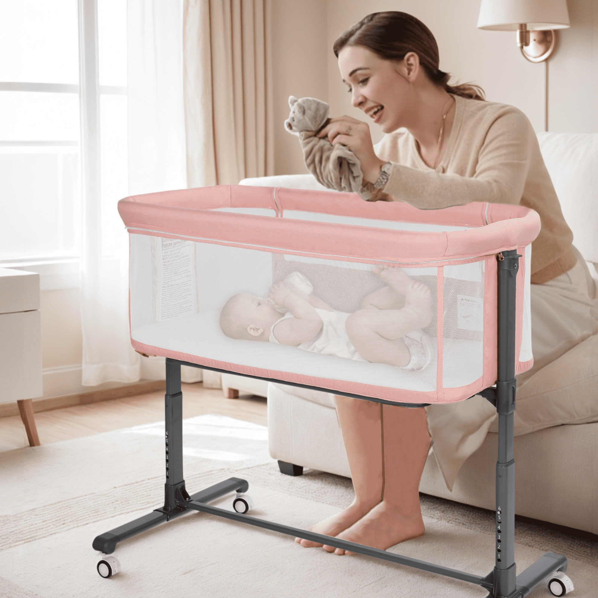 LINLUX Adjustable Baby Bassinet, Bedside Bassinet for Babies, Portable Newborn Bedside Crib, Pink
