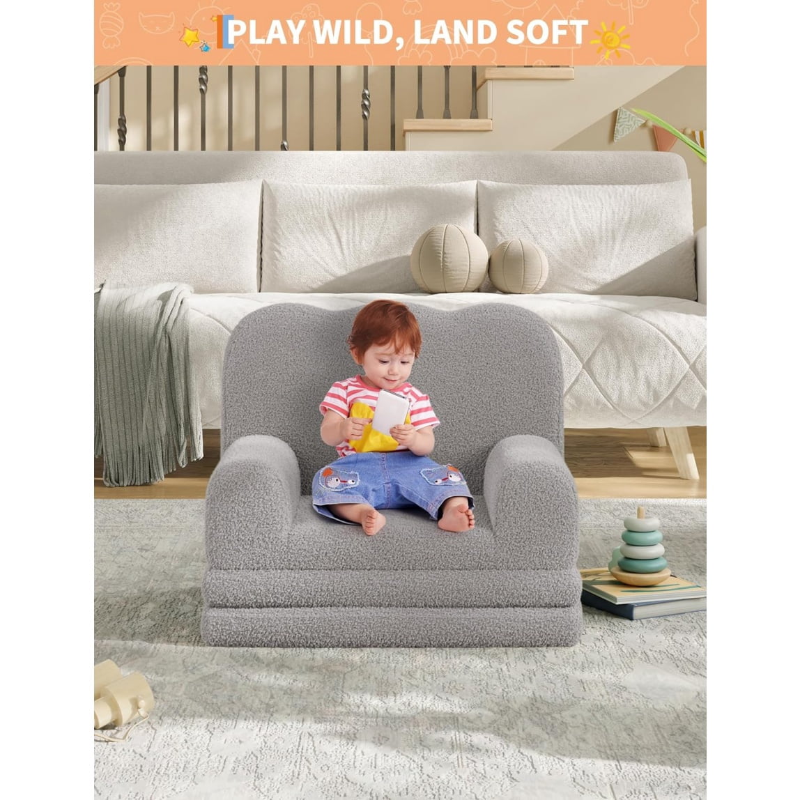 Home Kids Couch, 2-in-1 Convertible Toddler Sofa Chair, Soft Fold Out Couch Lounger for Kids, Comfy Children's Sofa Bed for Playroom