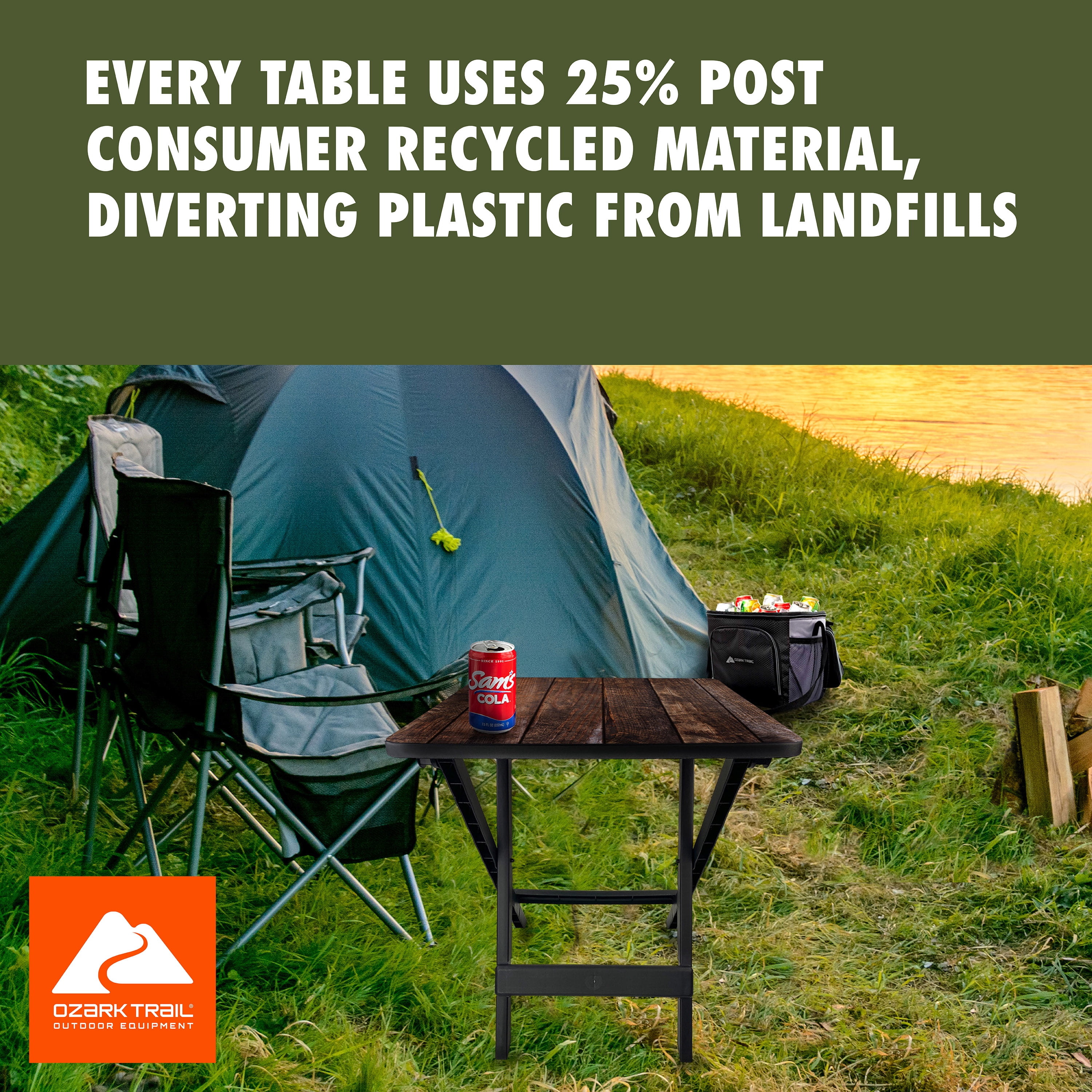 Ozark Trail 19-inch Plastic Folding Outdoor Camp Side Table, Brown Wood Print
