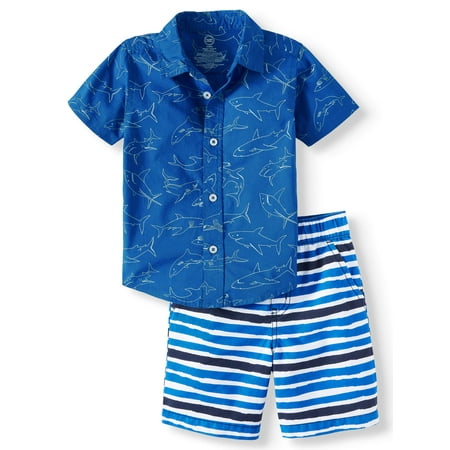 Wonder Nation Short Sleeve Button Down & Shorts, 2pc Outfit Set (Toddler Boys)