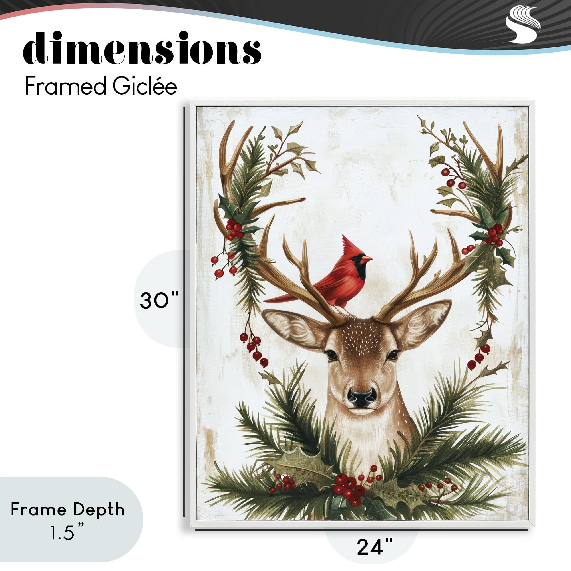 Stupell Industries Cardinal & Deer with Festive Flora White Framed Giclee Art, design by Acorn & Ivory Designs