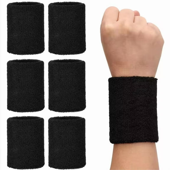 Absorbent Wrist Sweatbands for Athletic Men and Women - 6 Pcs Tennis Wrist Sweat Bands for Gym & Running - Black Moisture-Wicking Wristbands for Exercise