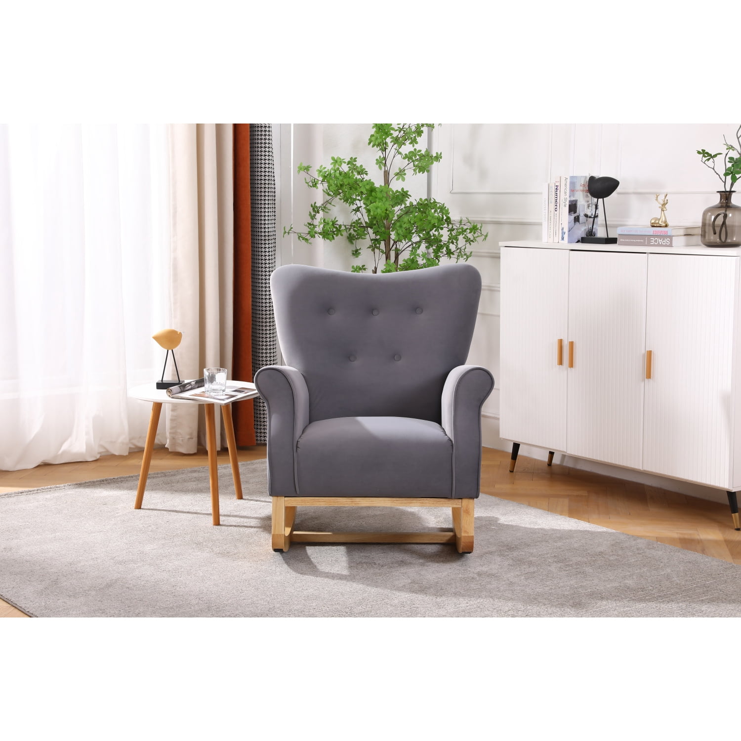 Living Room Rocking Chair, Modern Velvet Upholstered Accent Rocker Chair with Padded Seat and Wood Legs, High Back Glider Rocking Arm Chair for Nursery Baby Room Bedroom Playroom, Grey