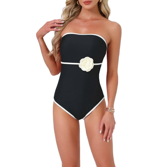 INSPIRE CHIC Women's 3D Flower Bandeau Bikini Sets 1 Piece Edge Contrast Color Tummy Control Monokini Swimwear Bathing Suit Small Black