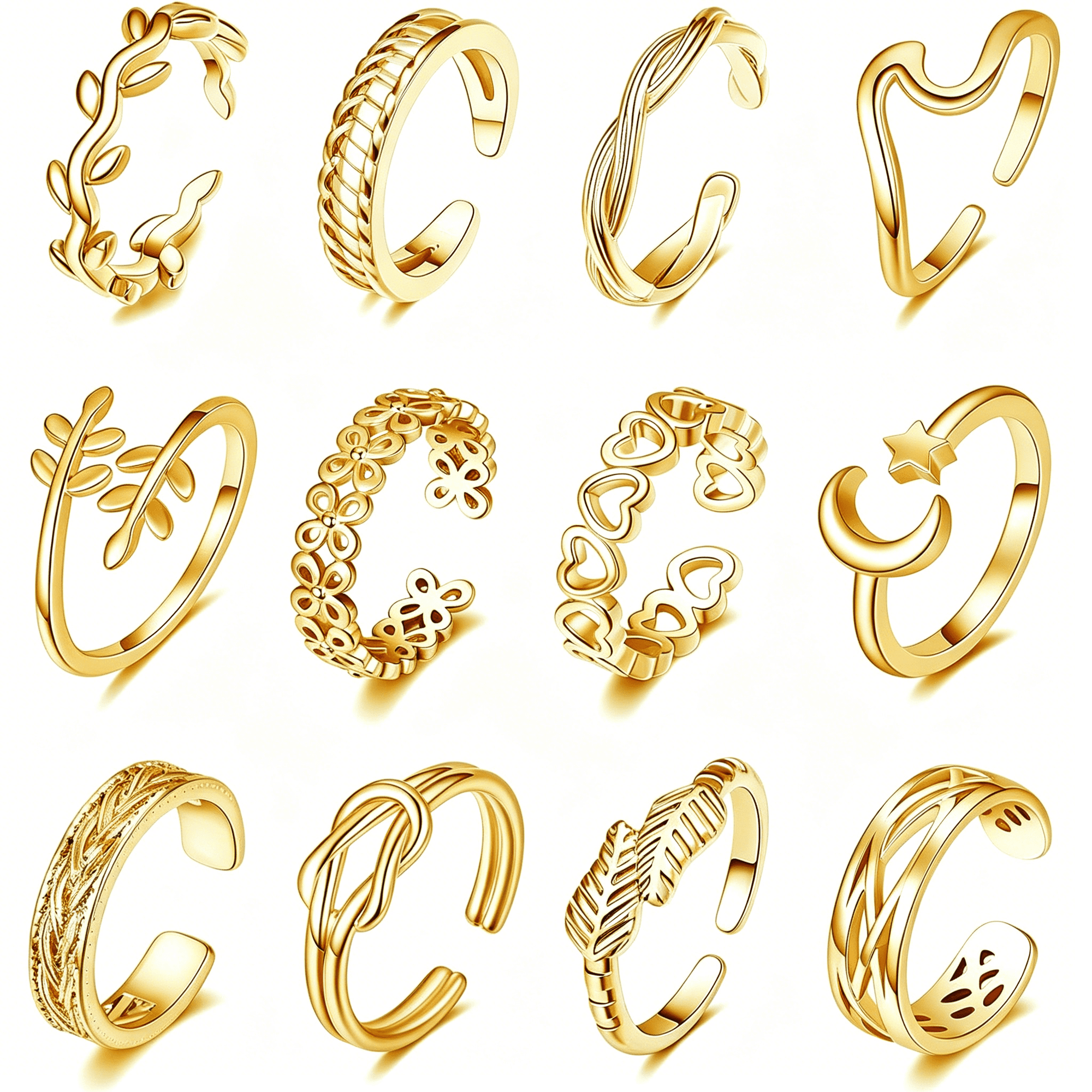 DESIGNICE 12Pcs 18K Gold Plated Adjustable Toe Rings for Women Summer Beach Open Toe Rings Set Flower Arrow Tail Pinky Band Rings Barefoot Foot Jewelry
