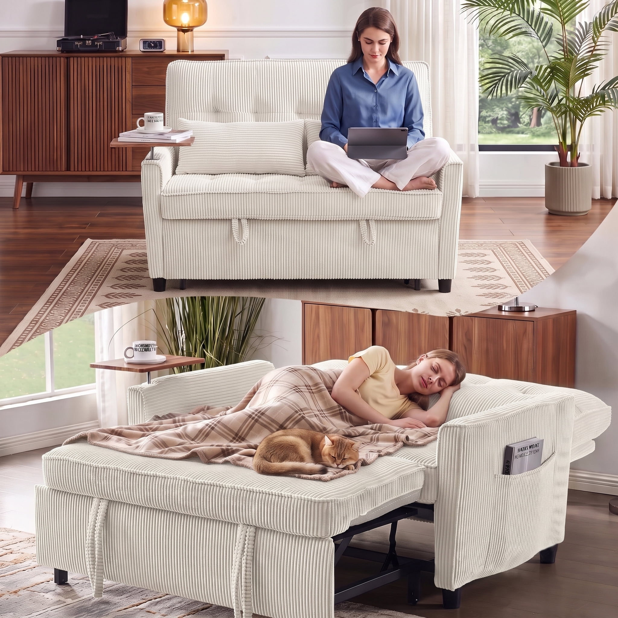 avobird 54'' 3 in 1 Pull Out Sofa Bed, Convertible Couch with Adjustable Backrest/Side Pockets/USB Charging Ports, Sleeper Sofa with small table for Living Room, Beige