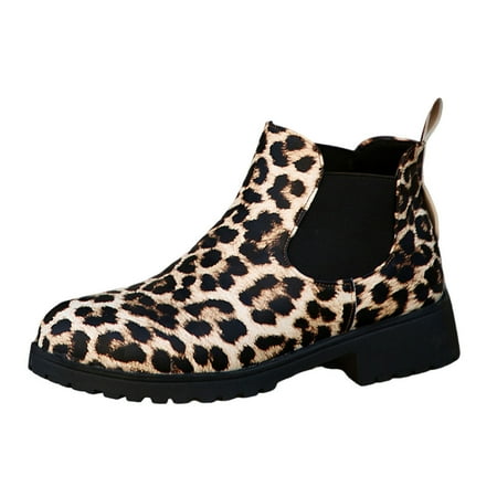 

DVKOVI Wide Calf Boots Short Cowgirl Boots Ladies Fashion British Leopard Print Round Head Thick Heel Short Boots Flat Heel Cowboy Boots Women Khaki 37