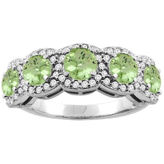 14K White Gold Natural Peridot 5-Stone Ring Round 4mm, size 7