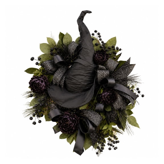 DAMAI Gothic Black Rose Witch Hat Wreath,Halloween Wreath With Black Berries & Ribbons,Wall Hanging Decor For Halloween Home Accent Front Door Gothic Party Layout