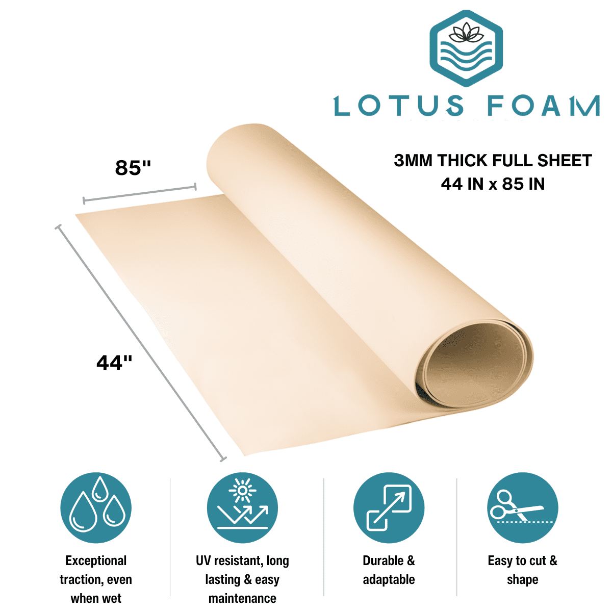 LotusFoam Large 3mm EVA Foam Sheet - 44"x 85" High Density Foam 130 kg/m3 for Cosplay, Costumes, Crafts,  Flooring, Outdoor Use - 35 Colors (Beach Sand)
