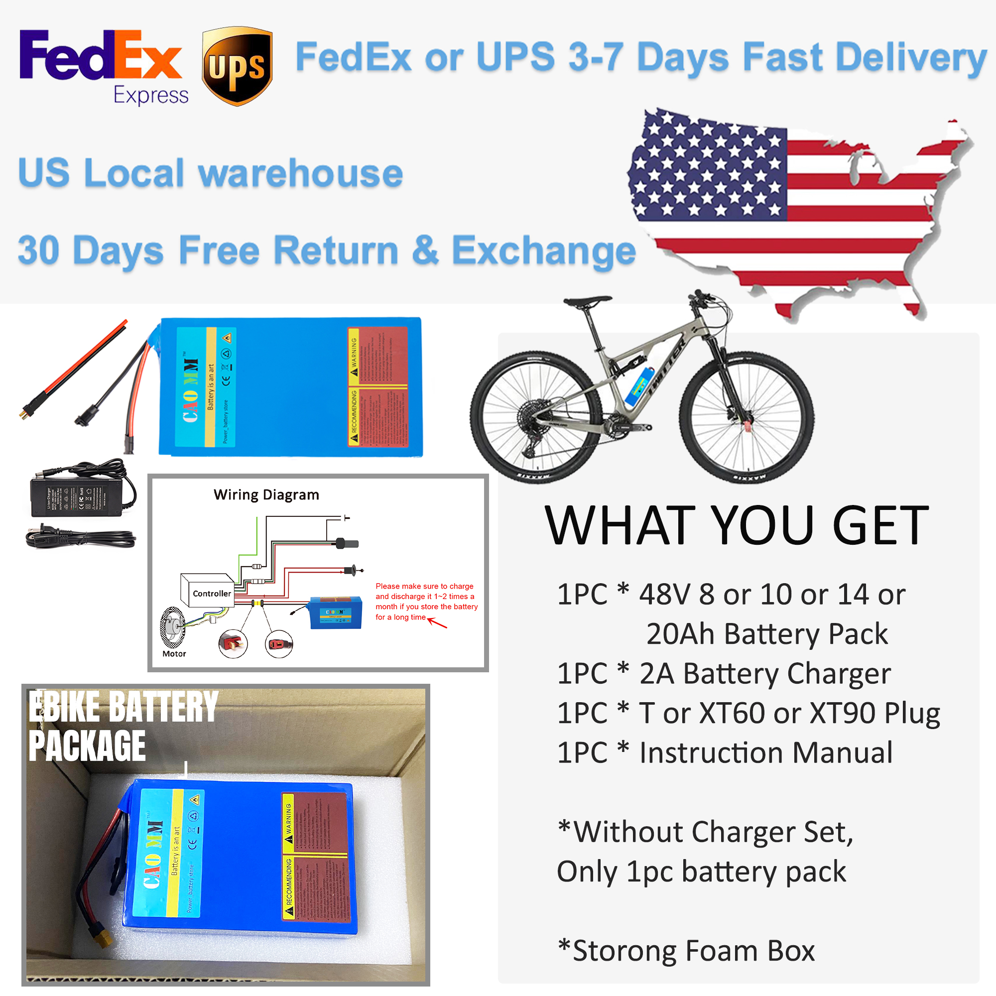 Ebike Battery 48V 10Ah Lithium Battery with Charger XT90 Scooter Battery for 1000W Electric Bike