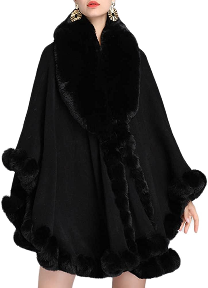 DabuLiu Women Faux Fur Trim Poncho Wrap Warm Winter Sweater Cardigan