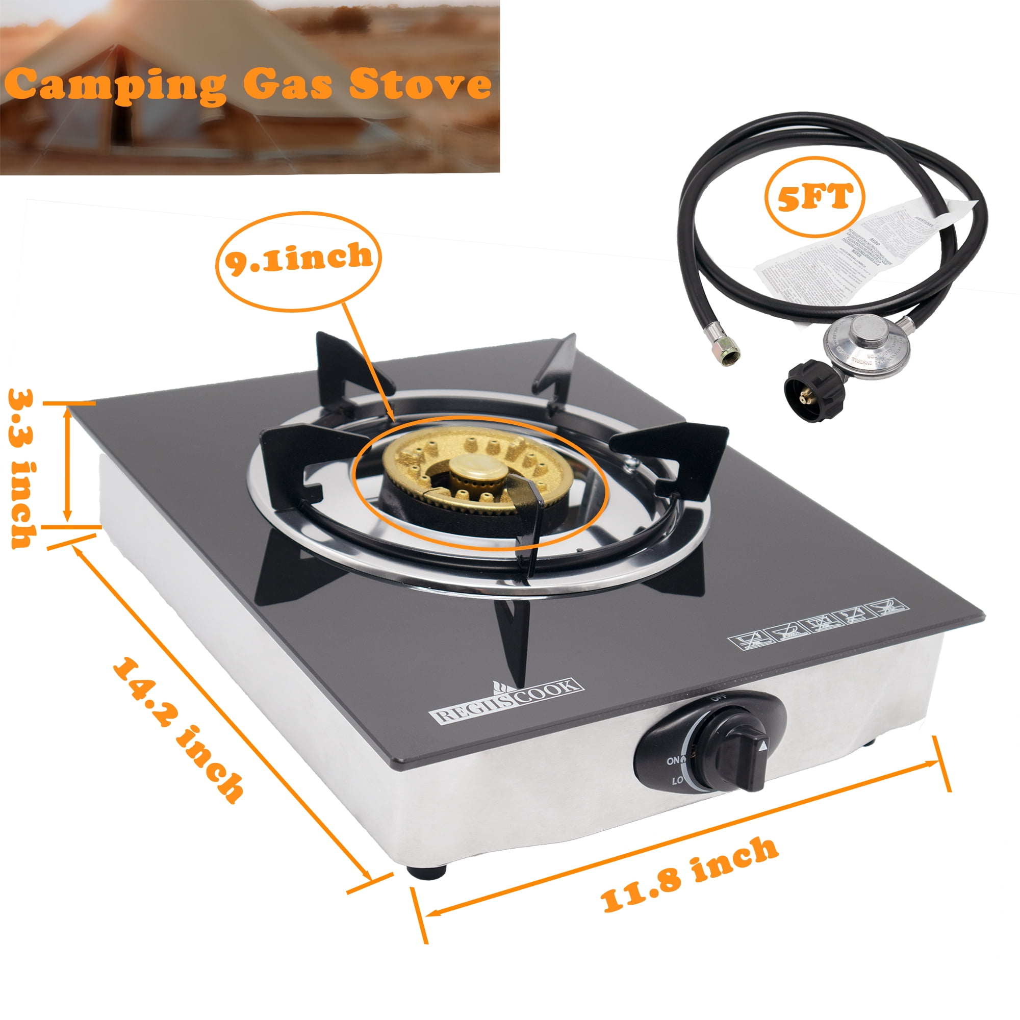 RegiisCook 1 Burner Propane Gas Cooktop,Camping Portable LPG Gas Stove Glass