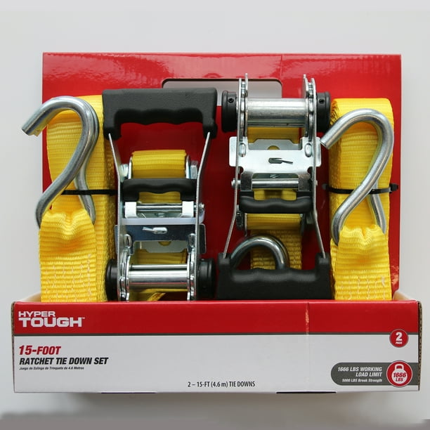 HyperTough 2 Pack 15 feet Steel Ratchet Tie Downs, 1666 lbs, Yellow