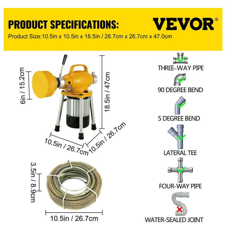 VEVOR Drain Auger 25Ft, Plumbing Snake with Drill Attachment, Plumbers  Snake Drain Clog Remover for Kitchen Bathroom Shower Sink with Protective  Hose and Gloves…