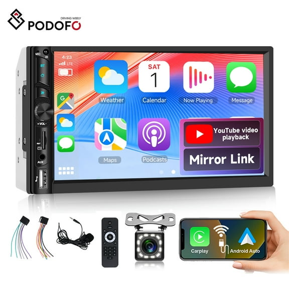 Podofo 7" Wireless Carplay Double Din Car Stereo Radio Car Audio Receivers, Bluetooth 5.0 Wireless Car Play Android Auto Touchscreen,AHD Backup Camera,SWC,AM/RDS,EQ,Dual Mic,AUX/USB/TF