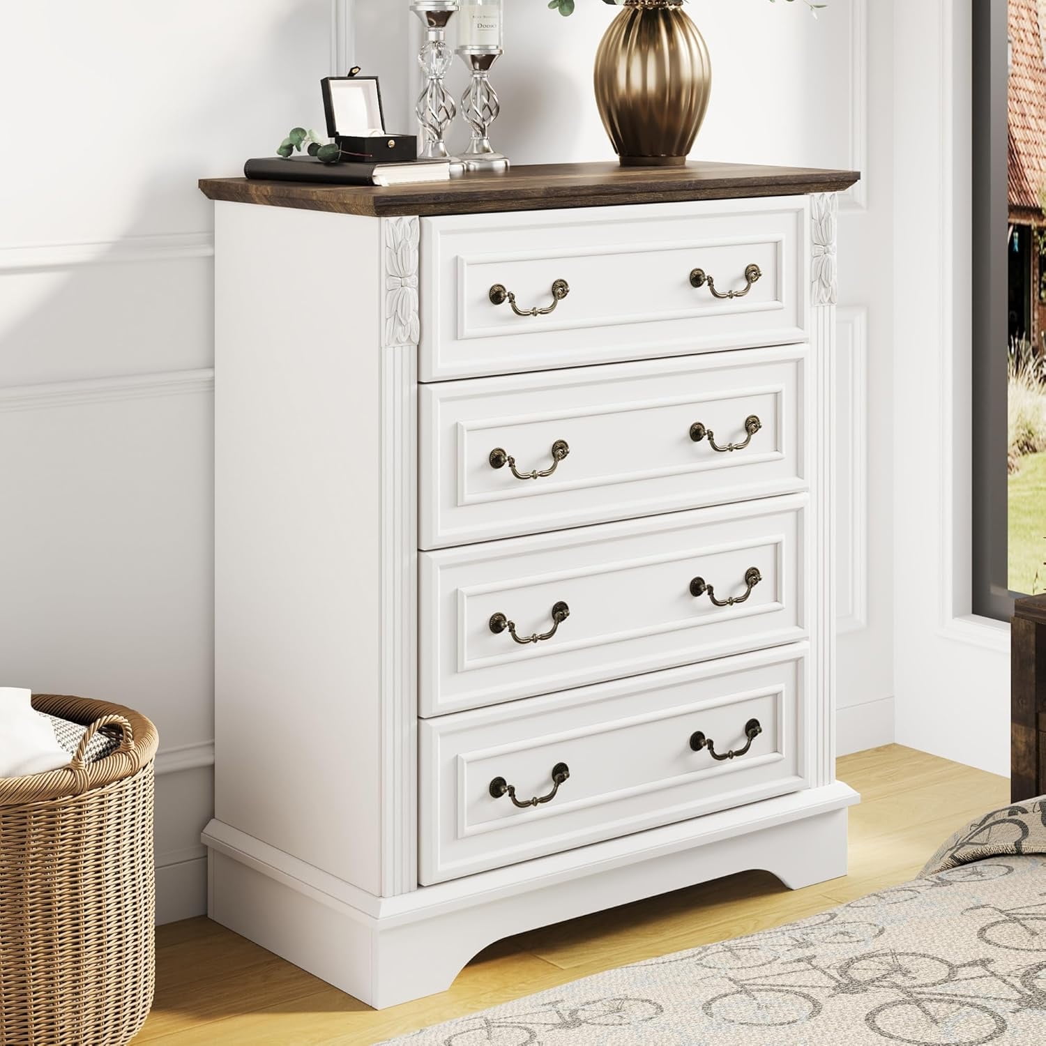BOSHIRO 4-Drawer Dresser for Bedroom, Farmhouse Carved Storage Chest Organizer with Brown Top, Antique White Finish