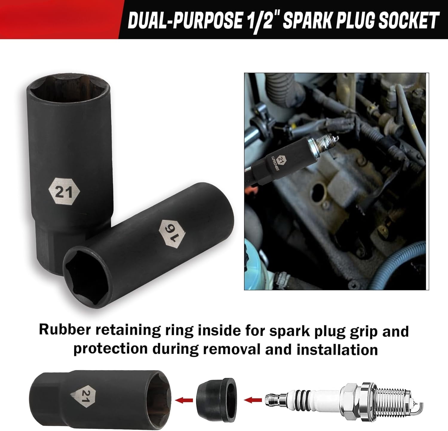 1/2 inch Drive Deep Impact Socket Set, 37 Piece Standard SAE 3/8" to 1-1/4" | Metric 8 to 24mm, Includes Spark Plug Socket (16, 21mm), CR-MO Universal Joint, Extension Bars and Adapter