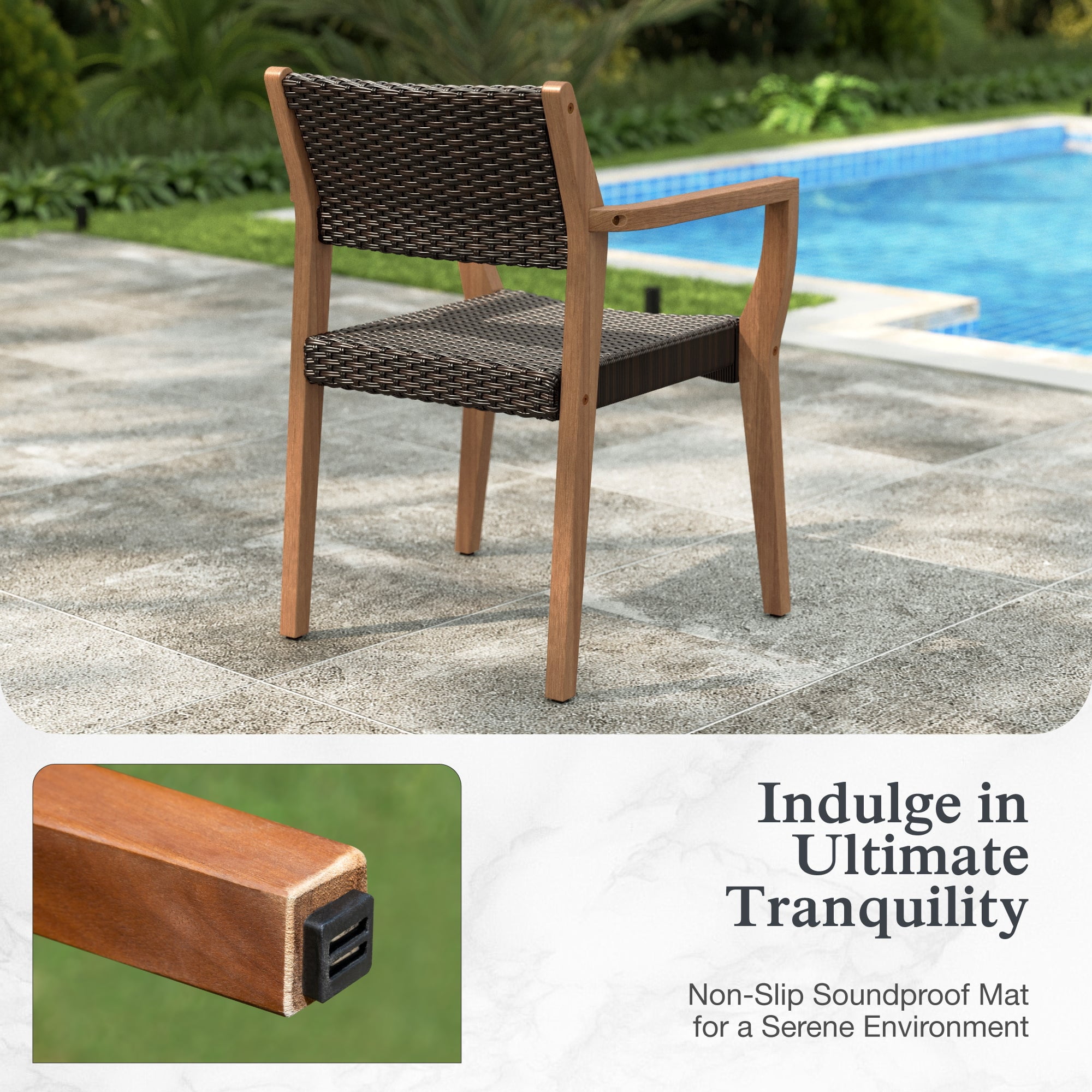 Alpha Joy Wicker Rattan Outdoor Patio Dining Chairs with Acacia Wood Structure - Set of 4, Dark Brown