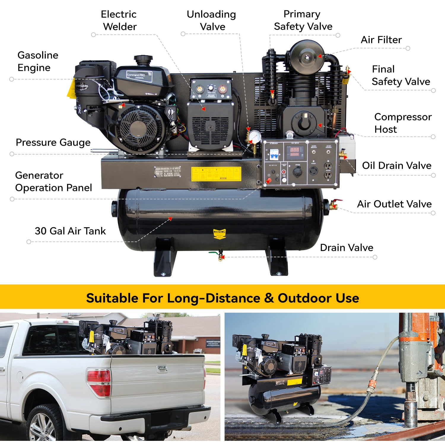 HPDMC 14HP 3-in-1 Gas Powered Air Compressor (30 Gal ASME Tank), 200A Welder & 6000W Generator - 180 PSI Two-Stage Piston Compressor with Electric Start - Truck Mount Portable Power Unit