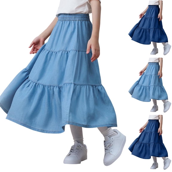 Miluxas Girl's Summer Long Flowy Skirt - Boho High Waist A-Line Maxi Skirt Light Blue 15-16 Years