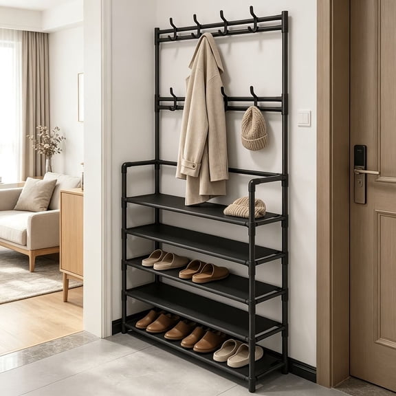 Freestanding Hall Tree Coat Rack with Shoe Storage, 5 Tier Metal Entryway Organizer with Removable Hooks and Hat Shelf for Bedroom Apartment Dorm