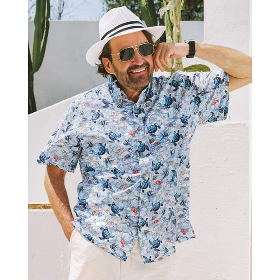 YIUME Men's Hawaiian Shirt A Sea Turtle's Odyssey Print Cotton Button-down Short Sleeve Aloha Shirt