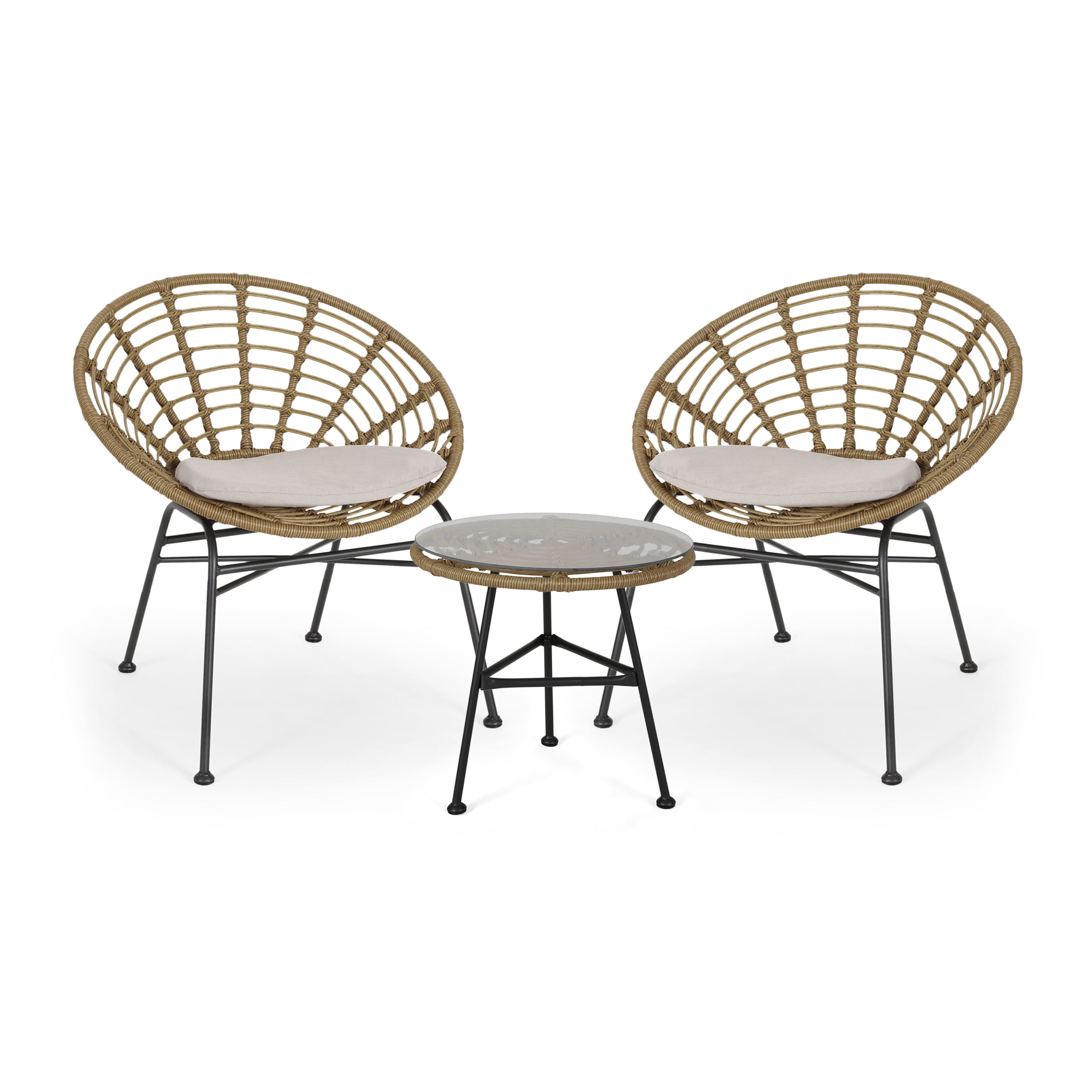 Fiona Outdoor Modern Boho 2 Seater Wicker Chat Set with Side Table, Light Brown, Beige, and Black