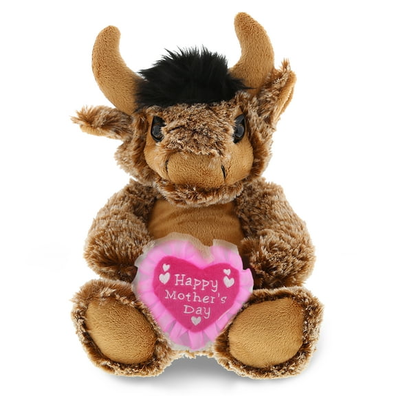 DolliBu Happy Mother's Day Super Soft Plush Sitting Buffalo Figure - Cute Stuffed Animal with Pink Heart Message for Best Mommy, Grandma, Wife, Daughter - Cute Wild Life Plush Toy Gift - 9" Inches