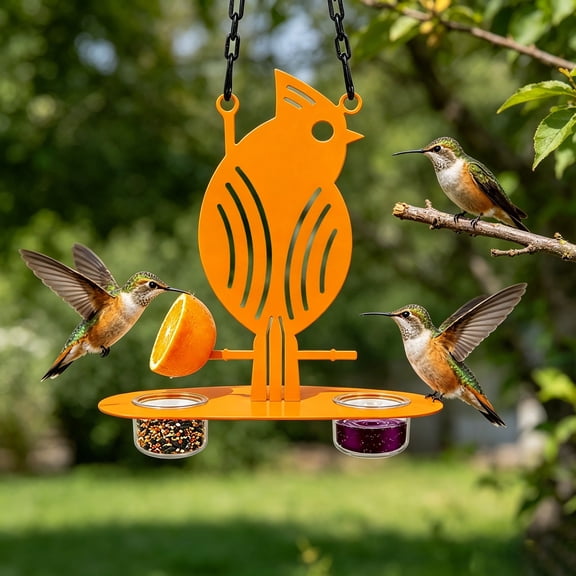 Hanging Oriole Bird Feeder Cutout Metal Bird Feeding Tray Dual Clear Cup Outdoor Bird Food Station for Garden Backyard Tree Patio Bird Watching Decor