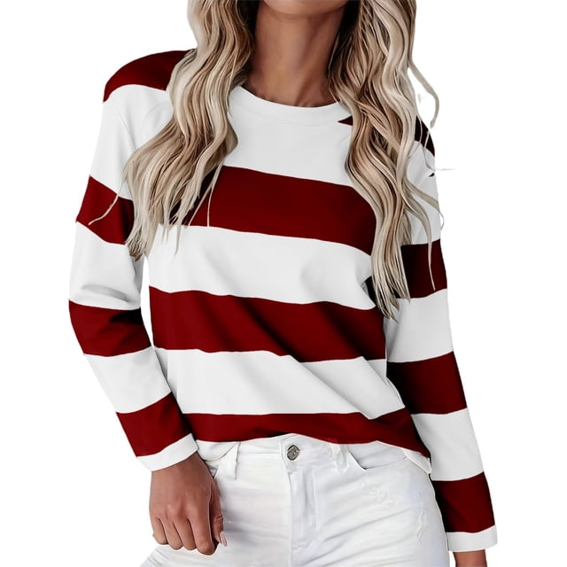 ManxiVoo T-Shirt à Manches Longues pour Femme à Rayures Imprimées, Col Rond, Confortable, T-Shirt Graphique d'Automne, Blouse Légère, Taille P, Rouge Brique