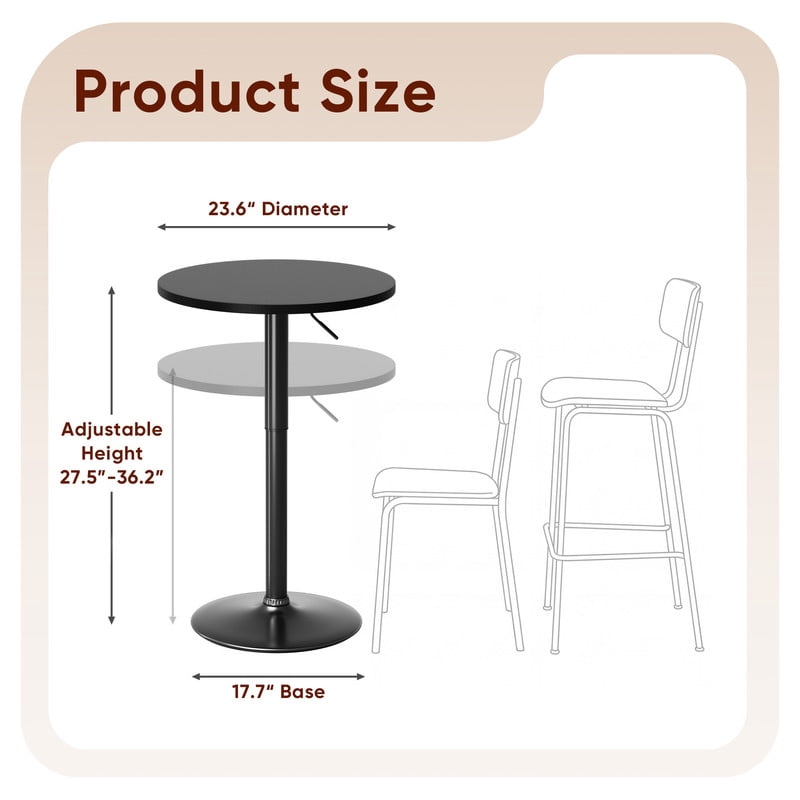 Lacoo 23.6" Adjustable Round Bistro Pub Table, Swivel Pub Table with Metal Base for Home Bar, Kitchen, Dining Room, Black