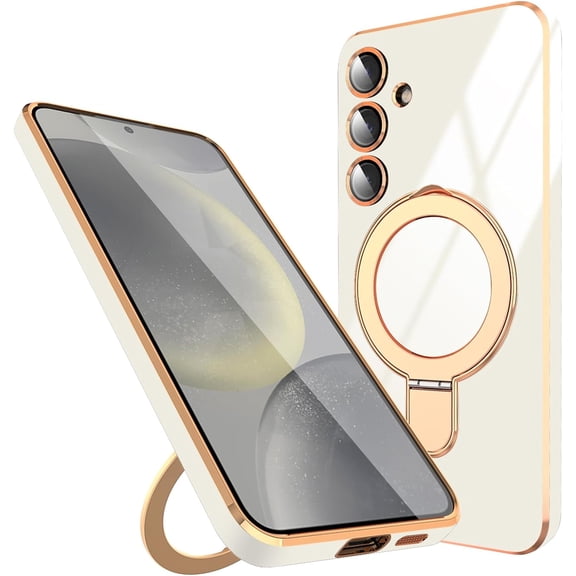 for Samsung Galaxy S24 Case with Ring Kickstand [Compatible with Magsafe] [Lens Camera Protector] Soft TPU Electroplated Protective for Galaxy S24 Magnetic Stand Phone Case White