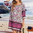 thumbnail image 6 of ZQUUVOU Women's Casual Summer Dress Boho V Neck 3/4 Sleeve Babydoll Floral Print Flowy Side Split Beach Dress A-Hot Pink, 6 of 9