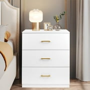 PAPROOS Nightstand, Modern 3 Drawer Nightstand, White Nightstand with Gold Handle, Wooden Bedside Storage Cabinet Unit for Bedroom/Small Space