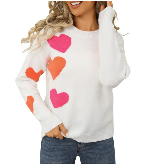 Htigea Womens Sweaters Cute Heart Graphic Pullover Crewneck Long Sleeve Tops Fall Winter Casual Knit Sweater White S