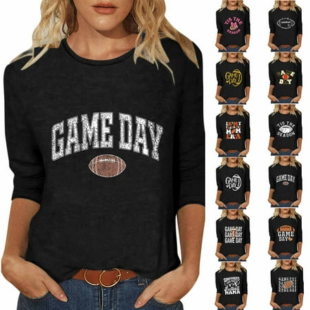 Sales of The Day Lightning BiZtdJrK Womens Football Tshirt Game Day Football Mom Shirts Casual Round Neck 3/4 Sleeve Tees Shirts Summer Holiday Tops Black XXL