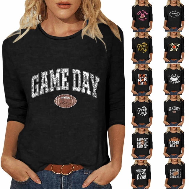 QATAINLAV T-Shirts de Jour de Match pour Femmes Mode Imprimé Football Manches 3/4 Hauts Décontractés Col Rond Chandail Blouses T-Shirts Graphiques Amusants Retour à l'Université Vente Noir m