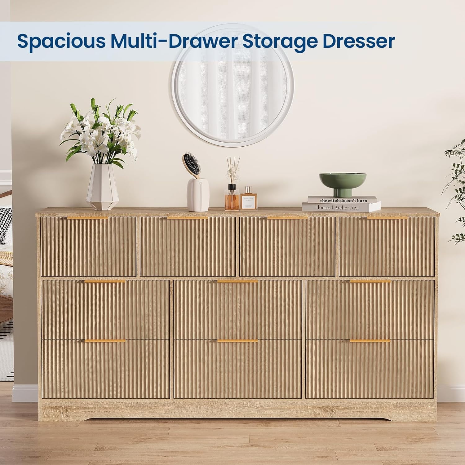 Fluted Design 10-Drawer Dresser - 59" Wide Modern Wood Chest for Bedroom, Living Room TV Stand or Hallway Storage Organizer with Wood Frame, Natural