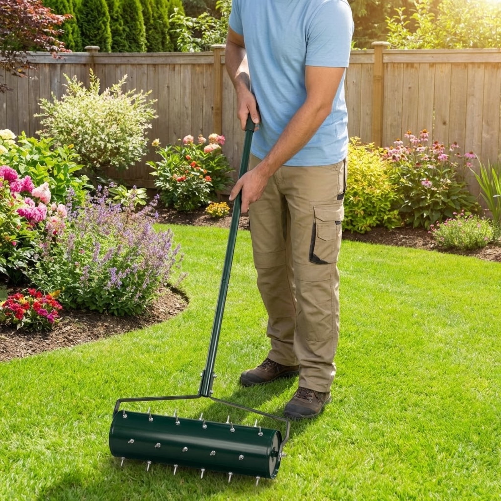 Biotree 18/21 Inch Manual Lawn Aerator with Detachable Handle Filled with Sand or Stone-21 inches Green