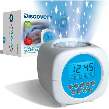 Sound Machine Alarm Clock with Stars Projection, 6 Nature Sound Soother Therapy Tracks, Temperature and Date Display, Battery-Powered, Alarm and Timer Functions