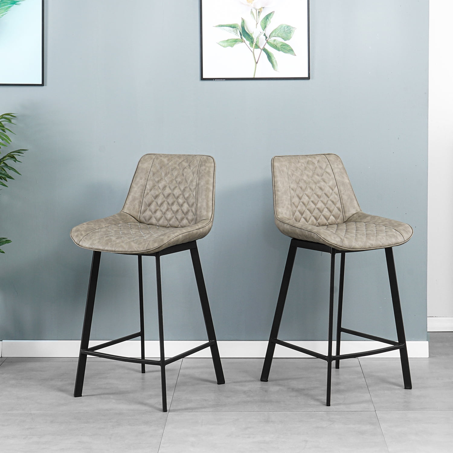 Kadyn Modern Cheap High Bar Stool Set of 2, Upholstered Pu Leather Bar Chair with Back, Metal Counter Height Bar Stool for Dining Room, Light Brown
