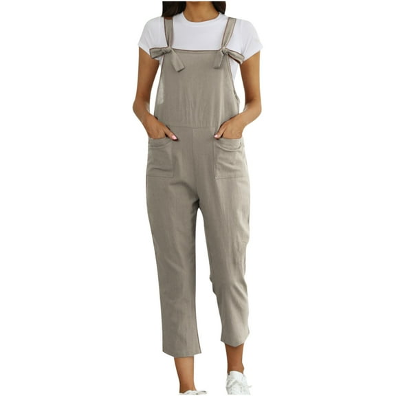 Women's Sleeveless Straps Dual Pockets Tie Front Plus Size Overall Jumpsuit Casual Solid Color Loose Rompers Trousers